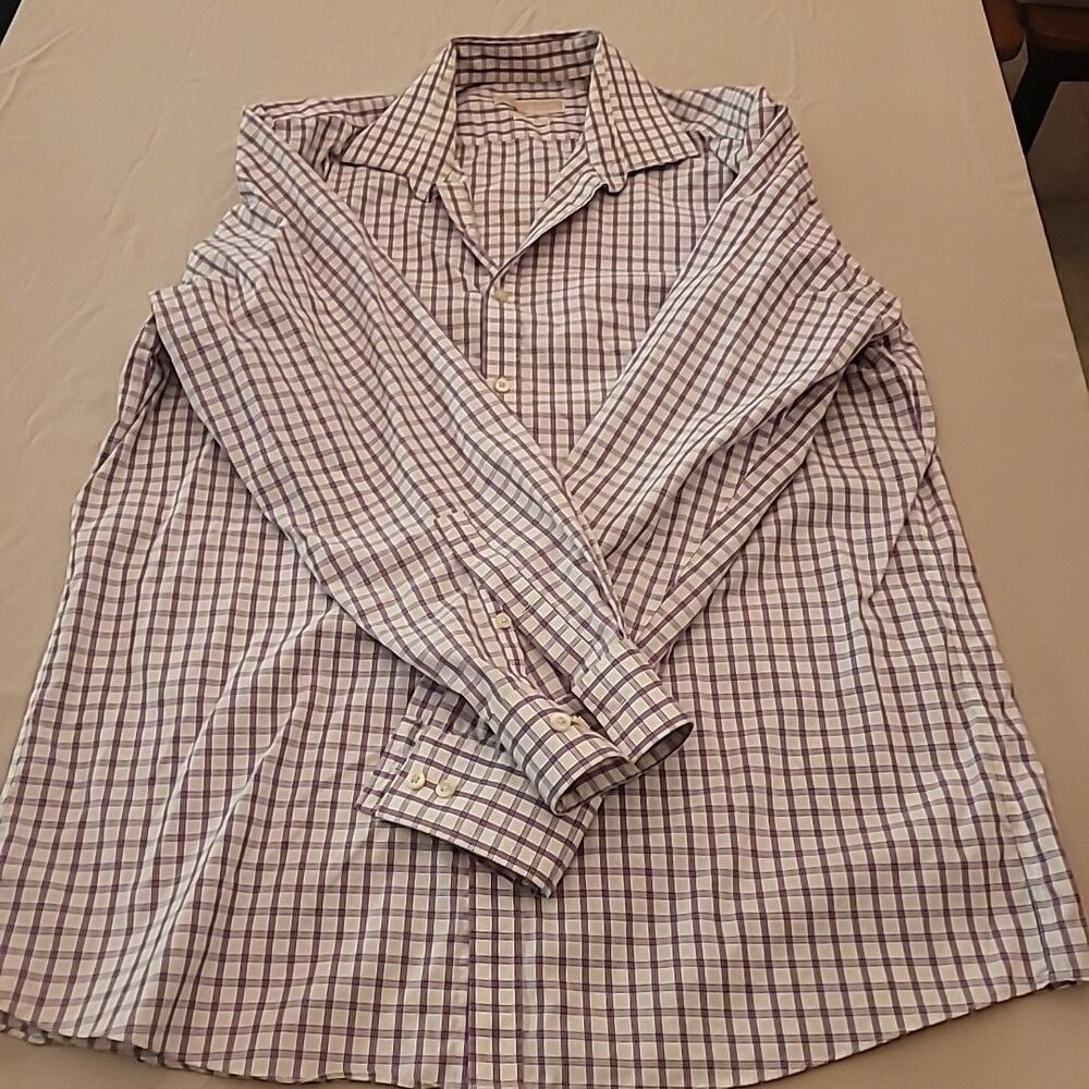 Michael Kors Shirt Purple White Plaid Long Sleeve Button Up Business 16.5 34/35